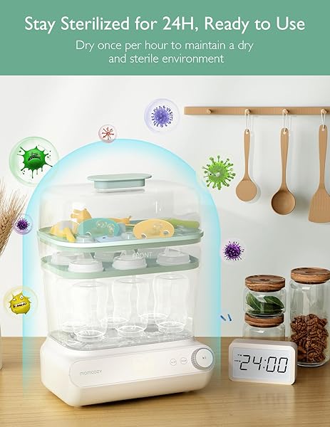 MOMCOZY 3 LAYERS LARGE BOTTLE STERILIZER AND DRYER, FAST STERILIZE AND DRY, UNIVERSAL BOTTLE STERILIZER FOR ALL BOTTLES & BREAST PUMP ACCESSORIES, TOUCH SCREEN & AUTO-OFF BOTTLE SANITIZER