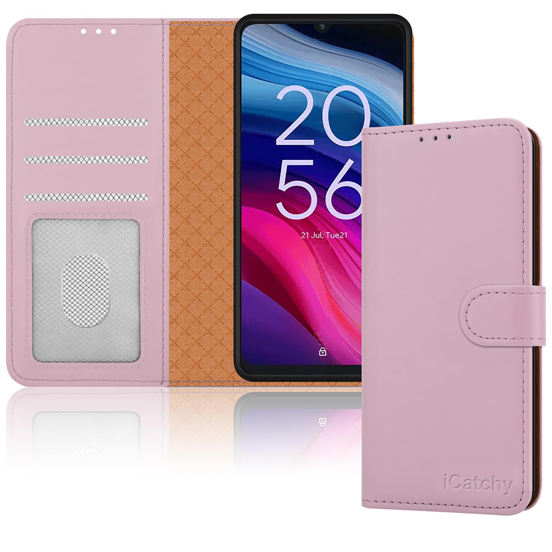 iCatchy For TCL 505 Case Leather Wallet Book Card Slots Magnetic Closure Kickstand Shockproof RFID Blocking Protective Phone Cover for TCL 505 (Rose Gold)