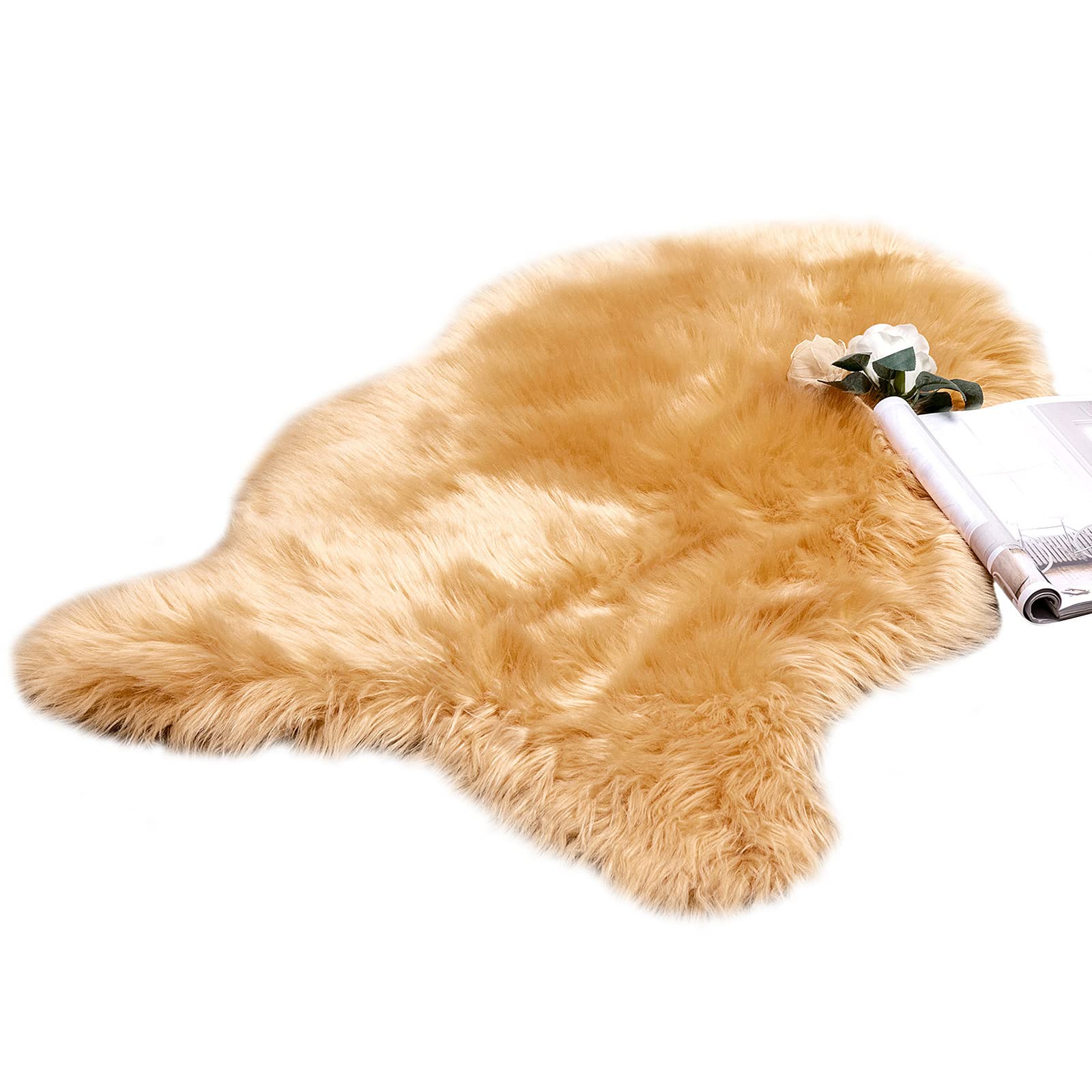 MIULEE Faux Fur Area Rugs Sheepskin Fluffy Mat Fleece Chair Cover Seat Pad Soft Shaggy Area Mat for Bedroom Sofa Floor 60 x 90 cm Irregular Shape Light Khaki