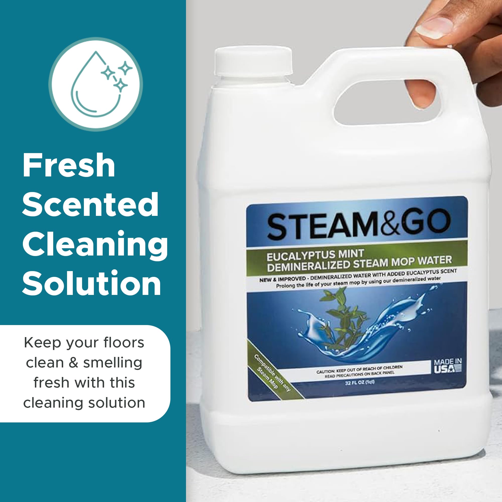Steam & Go - Demineralized Water for Steam Cleaner, PVC-Free Floor Cleaner Liquid Compatible With Any Steam Mop, Ready-to-Use Multisurface Cleaner, Scented Mop Solution, Eucalyptus Mint, 32 oz