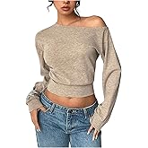 RoseSeek Women's Off Shoulder Long Sleeve Tee Shirt Asymmetrical Neck Cinched Waist Tops