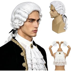 FATMAUI Mens Colonial Judge Wig with Lace Ruffled Collar Jabot Cuffs Set White Wavy wig for Halloween Costume Cosplay Party (