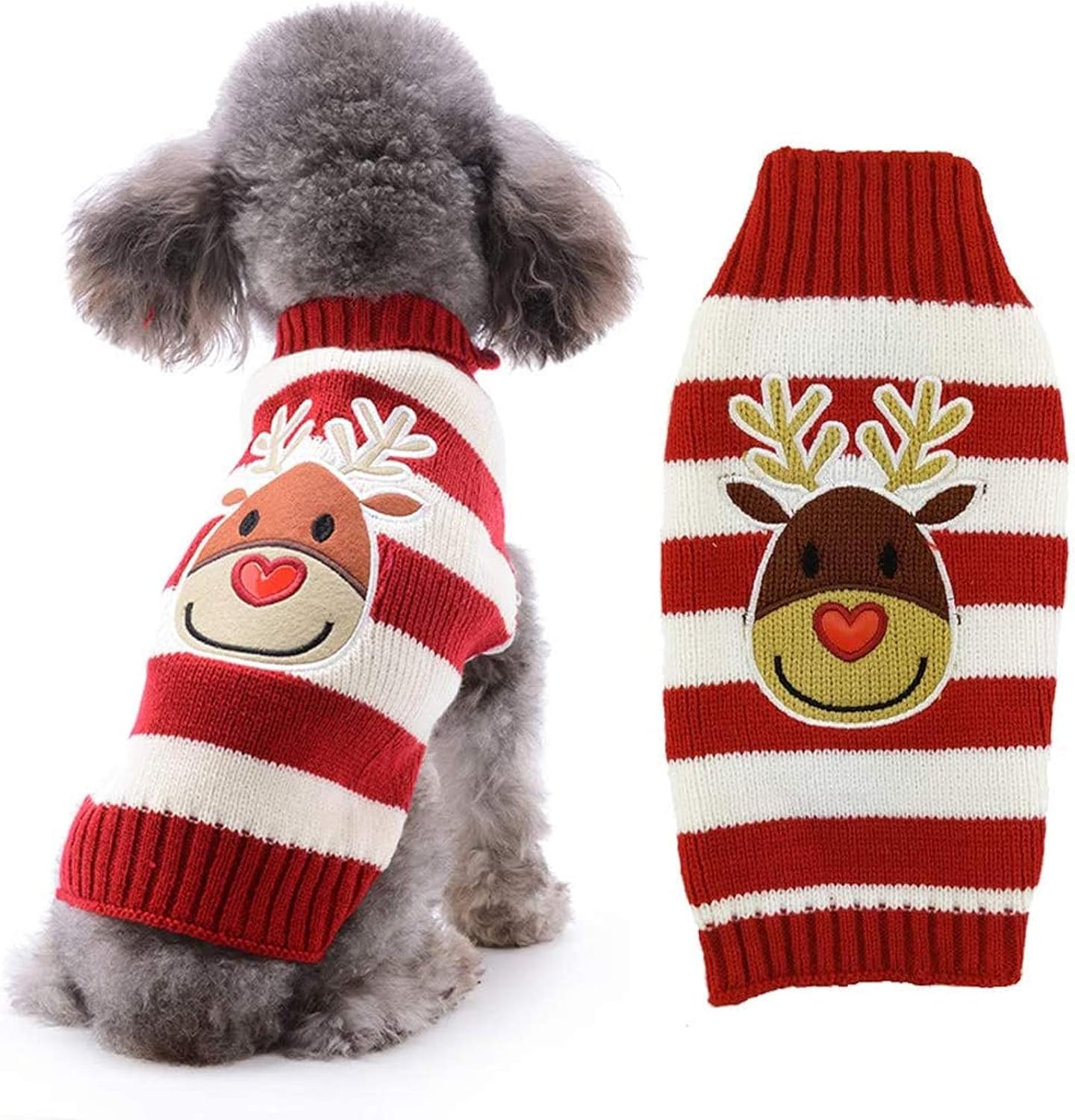 ABRRLO Dog Christmas Jumper Striped Reindeer Outfits Ugly Xmas Pet Sweater Puppy Cat Holiday Costume New Year Clothes Gift for Small Medium Large Dogs (Red White Reindeer,XXS)