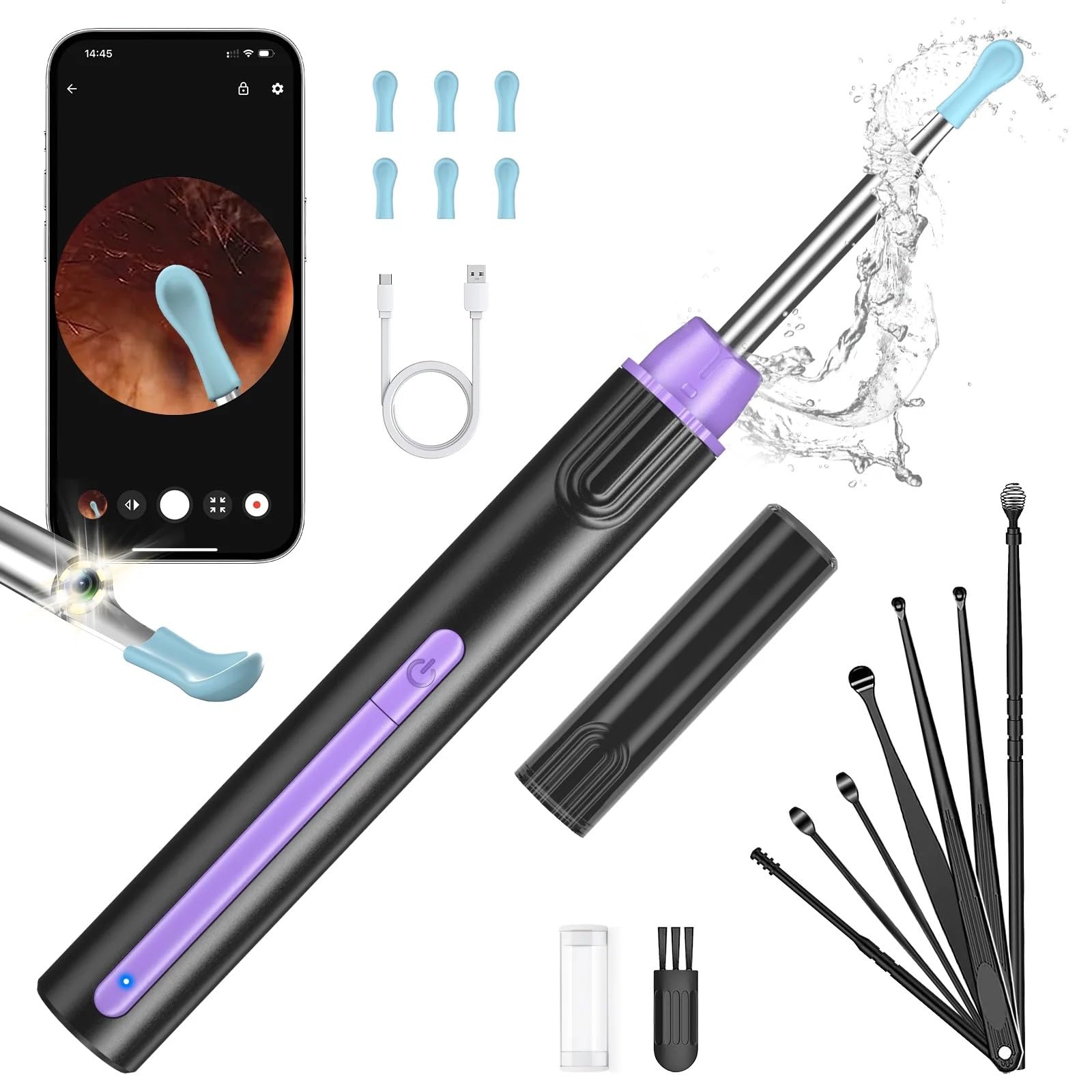 Kekoy P8 Ear Wax Removal Kit, WiFi Ear Cleaner with Camera 1296P HD, Rechargeable Ear Wax Remover Tool for iOS & Android, Ear Wax Removal Tool with Lights for Adult & Kid(Black Purple for Gift)