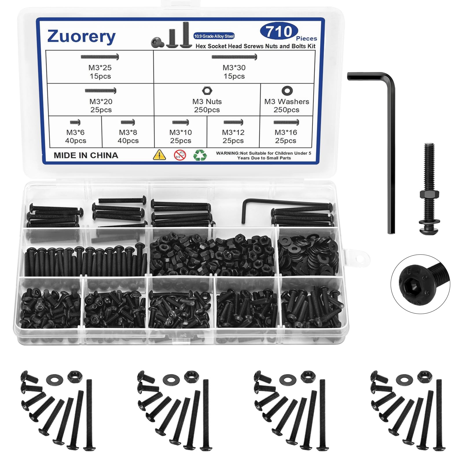 Photo 1 of 710PCS M3 Screw Assortment Kit, M3x6/8/10/12/16/20/25/30mm M3 Screw Kits, 10.9 Grade Alloy Steel Metric Hex Button Head Cap Screws, Nuts and Flat Washers, Black Zinc Plated Screw Set for 3D Printing