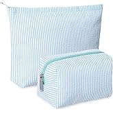 Huhumy 2 Pcs Makeup Bag Set Cute Cosmetic Pouch for Women Seersucker Travel Toiletry Bag Preppy Small Makeup Purse Pouch Aesthetic Skincare Brushes Storage Organizer for Valentine Women(Light Blue)