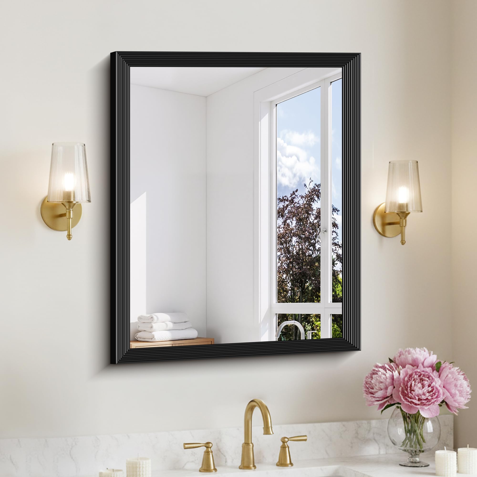 DESBING 24 x 30 inch Black Bathroom Mirror, Bevelled Edge Black Mirror with Ribbed Texture - Modern Rectangle Bathroom Wall Mirror for Vanity, Tempered Glass, Hangs Horizontally or Vertically Image
