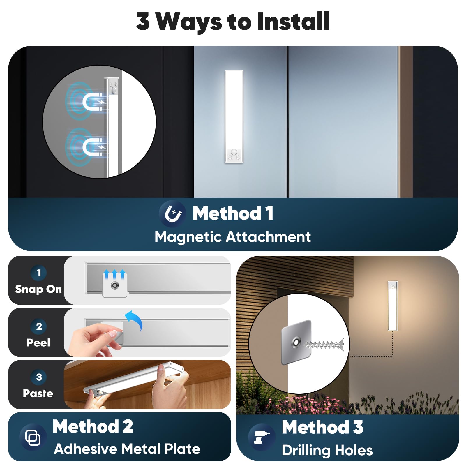 Under Cabinet Lights, 68-LED Rechargeable Battery Operated Motion Sensor Lights Indoor, 1800mAh Magnetic Dimmable Closet Lights, 3 Color Wireless Under Counter Night Lights for Kitchen Stair, 3 Packs