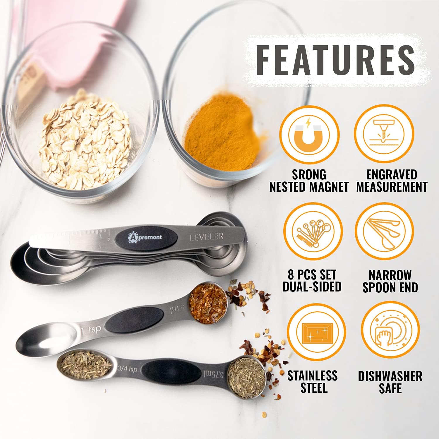 Heavy Duty Magnetic Engraved Stainless Steel Metal Measuring Spoons for Dry or Liquid, Fits in Spice Jar, Set of 8 with bonus Leveler - APREMONT: Kitchen & Dining