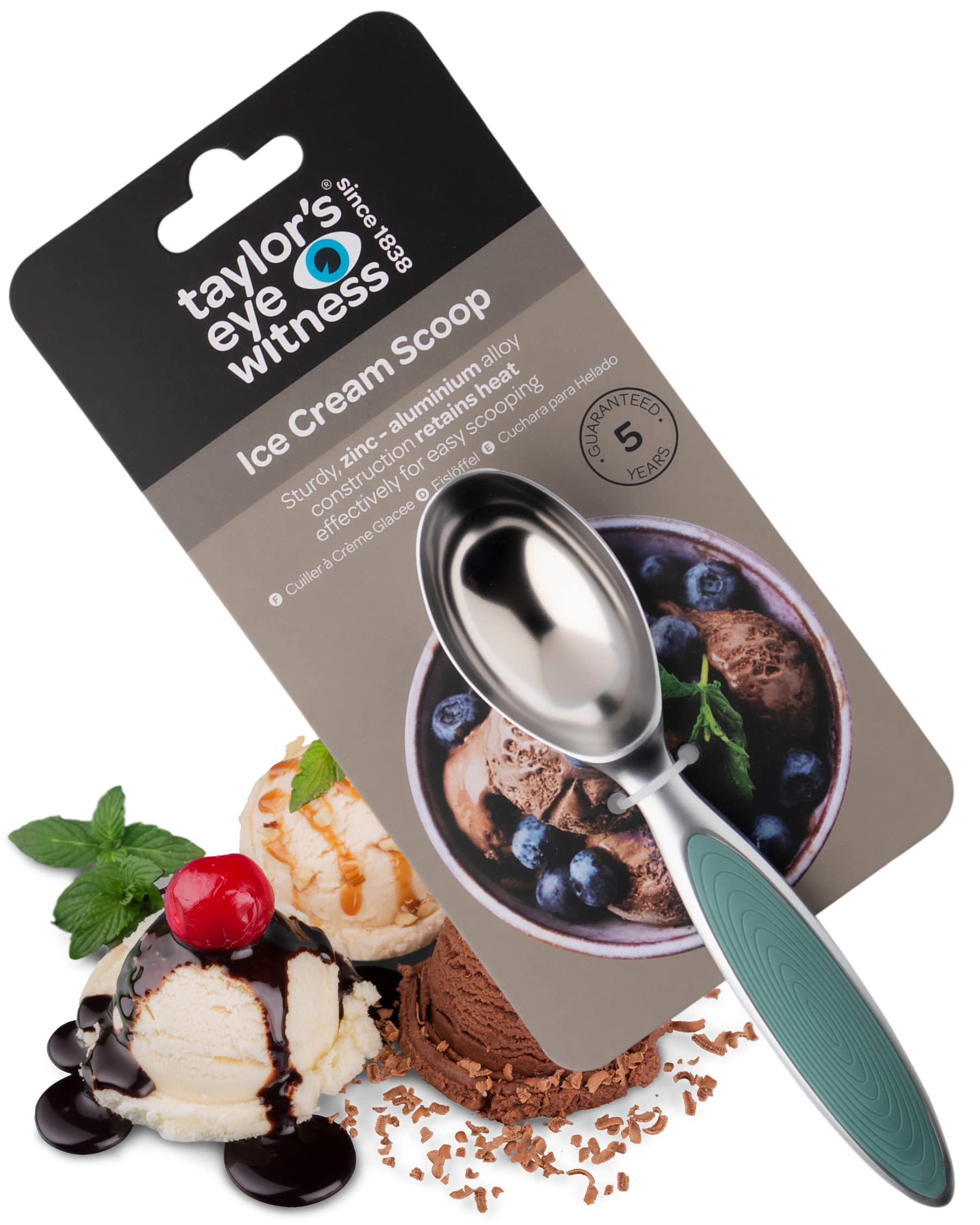 Aluminum Spoon Ice Cream Scoop - Taylor Eye Witness. Easy to use. Aqua Blue Coloured Accessory For Tackling Frozen Dessert, Dishwasher Safe. Suitable Tool For Making Balls Out Of Melon And Other Fruit
