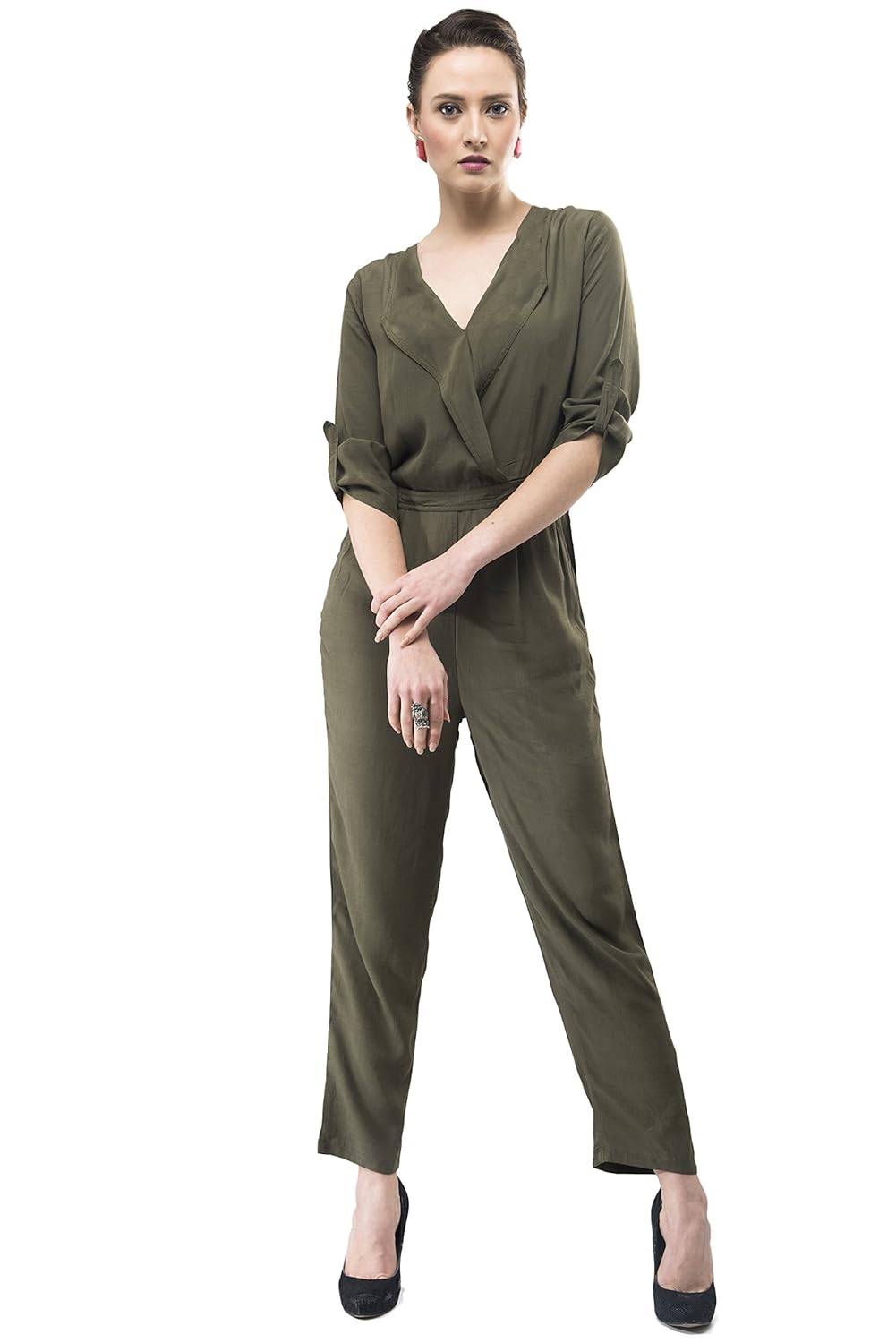 v&m women's olive green roll up sleeves straight leg jumpsuit