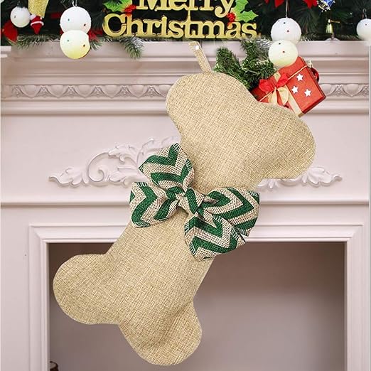 Amazon Com Yodofol Dog Christmas Stockings Large Pets Bone Shaped Bow Burlap Hanging Christmas Stockings For Dogs Christmas Decorations Green Stripes 1 Pack Home Kitchen