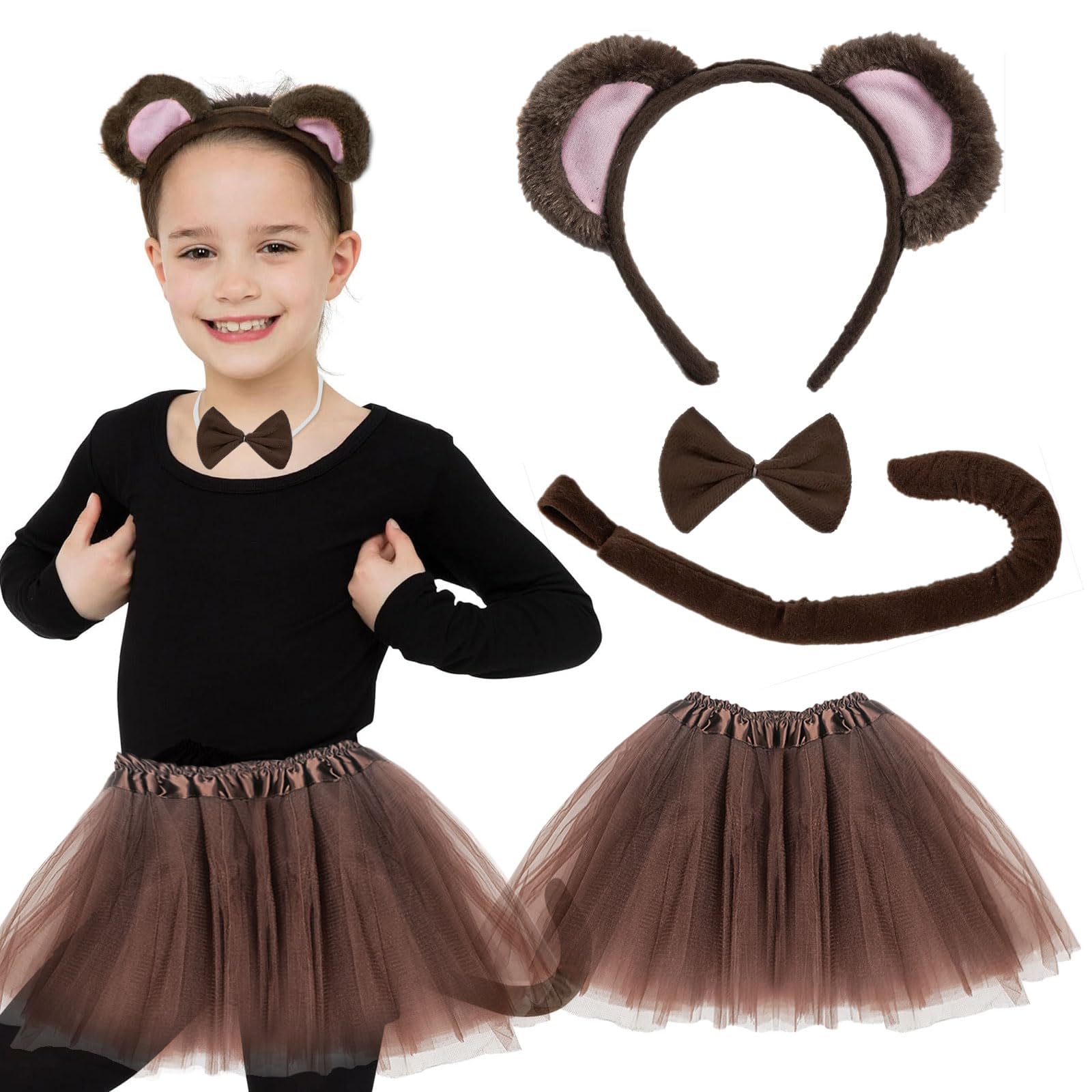 UILYNIU 4 Pieces Monkey Costume Animal Costume, Monkey Ears Headband Bow tie Monkey Long Tail Princess Tutu, Animals Ears Tail for Kids Girls Fancy Dress Up Children Halloween Cosplay Party (Monkey)