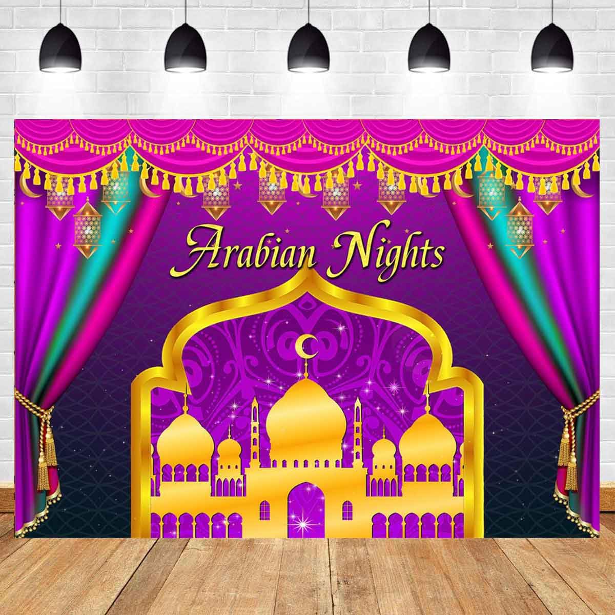 Photo 1 of Arabian Nights Backdrop for Indian Festival Wedding Party Decorations, Purple Moroccan Moon Stars Castle Background for Photography, India Bollywood Luxurious Nights Decor Banner 10x8ft