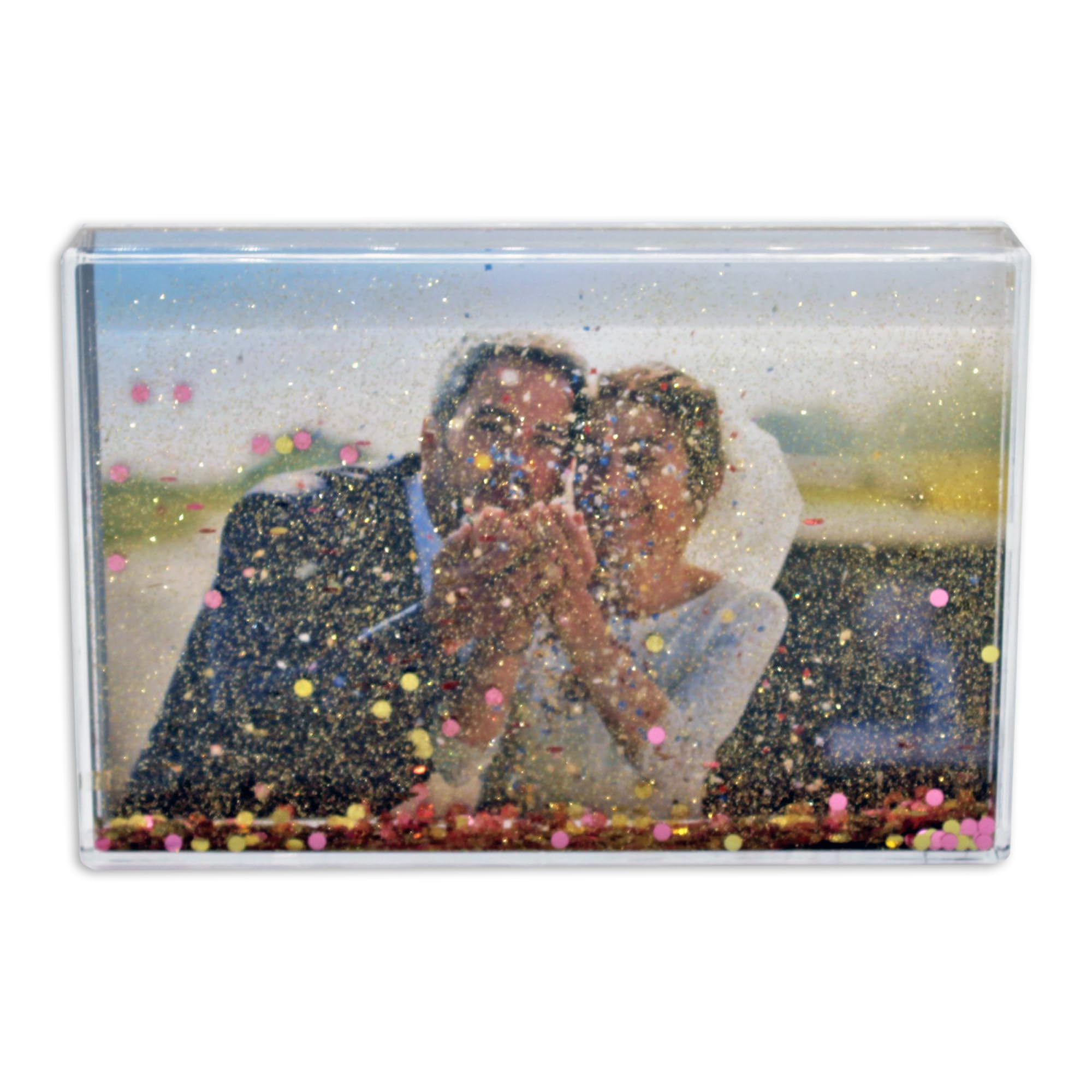 Glitter Photo Frame, Acrylic Picture Frame holds 10 x 15 cm (4 x 6 inch) Clear Frameless Desktop Photo Block with Confetti (Rose Gold) - Ideal Personalised Gifts, Wedding Day Presents — image 1