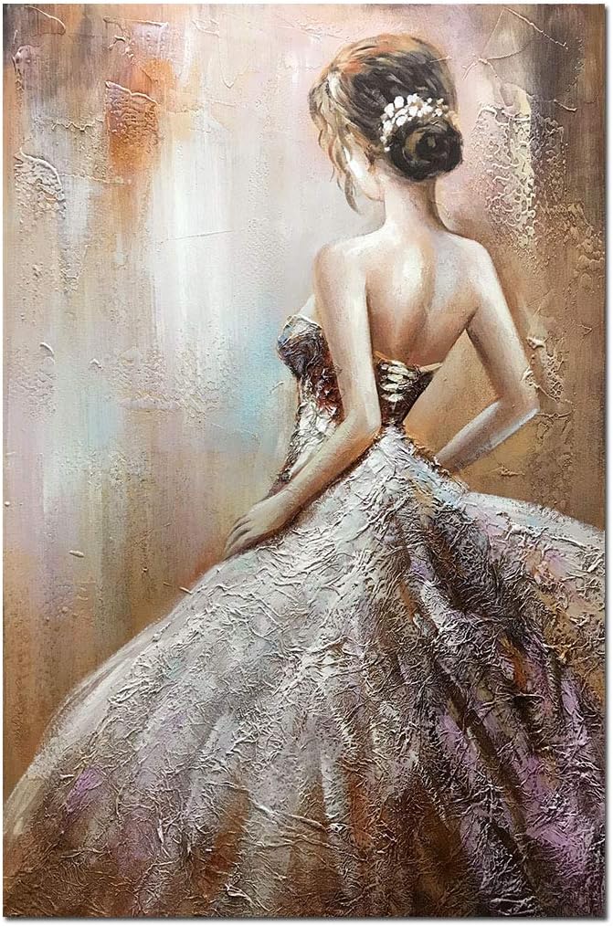Paintings - Boiee Art,24x36Inch Pure Hand Painted Girl in Wedding Dress Canvas Painting Vertical Abstract Figure Artwork Oil Hand Painting Home Decor Art Wood Inside Framed Ready to Hang for Living room