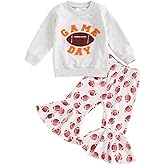 Dewadbow Toddler Baby Girl Football Outfits Game Day Embroidery Sweatshirt Top Football Bell Bottom Pants Cute Fall Clothes