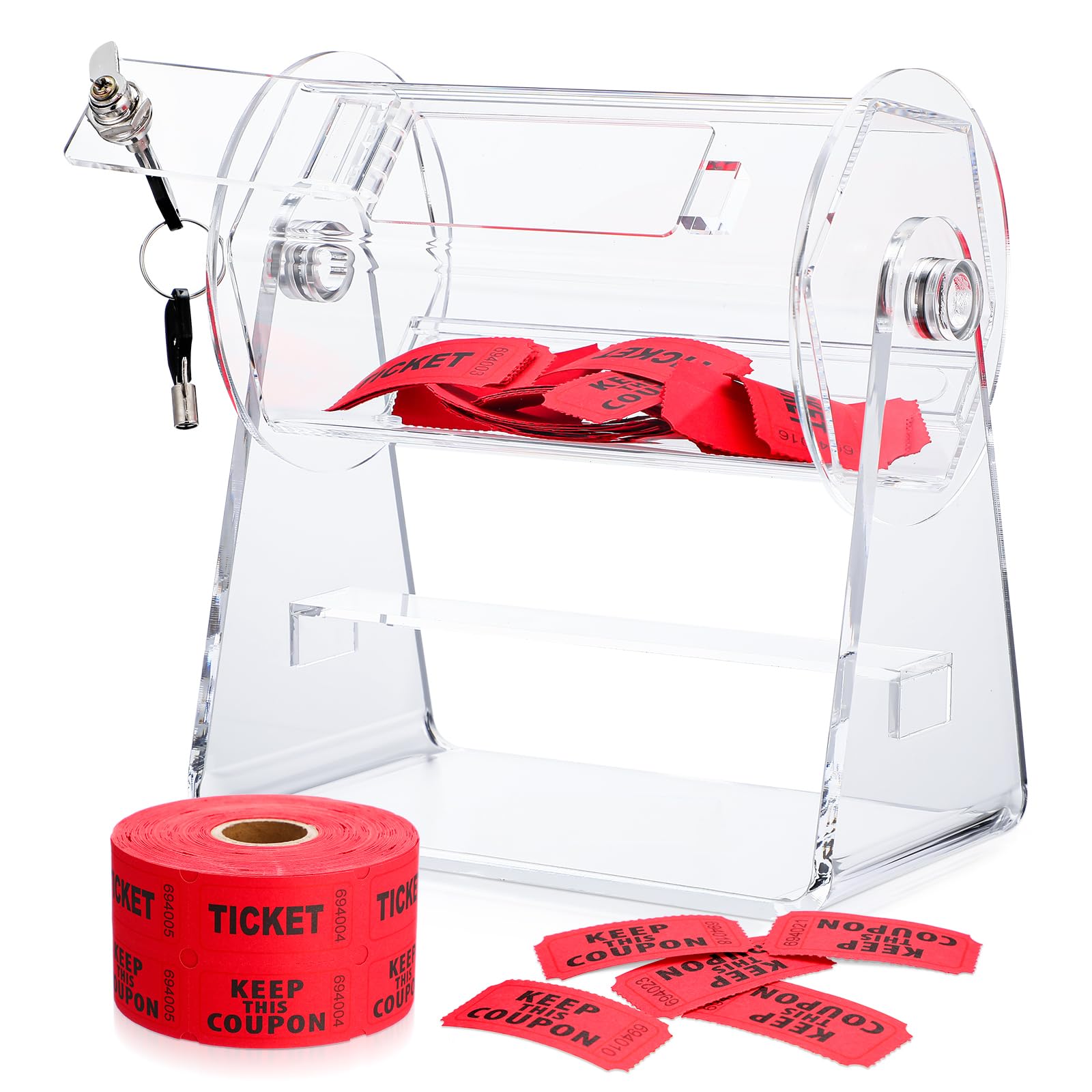 Photo 1 of Didaey Acrylic Raffle Drum, Clear Raffle Ticket Box Drum Spinner Cage with 1000 Tickets Single Roll for Games Classroom Activities Sports Events Social Contact(Red,Small)