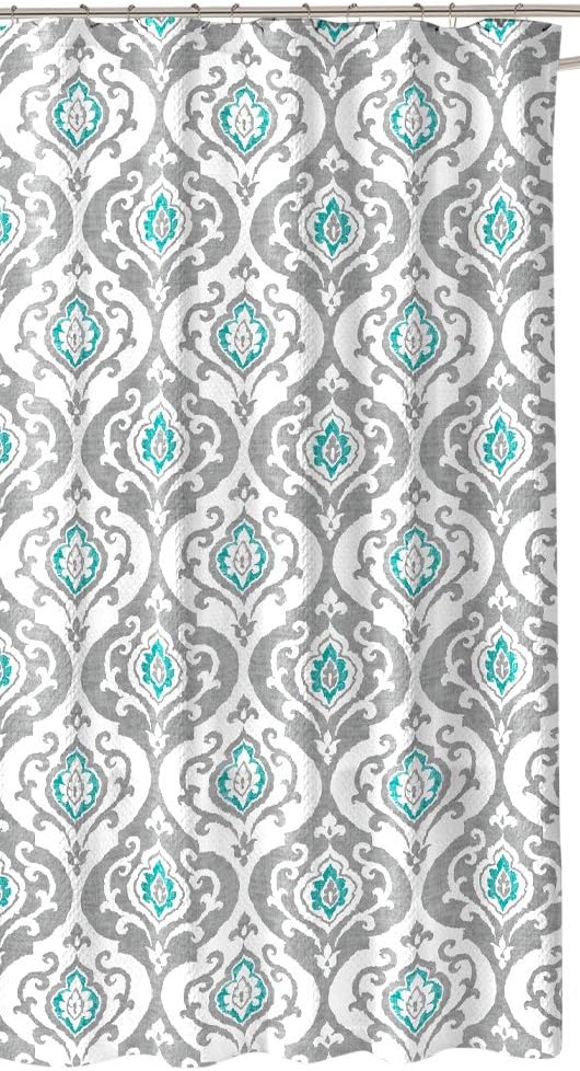 Grey Teal White Fabric Shower Curtain: Floral Damask Design