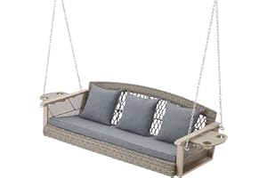 HOMREST 3-Person Wicker Porch Swing with Upgraded Cup Holder, 55 Inch Patio Hanging Swing Bench Chair with Cushions 900lbs Capacity Chains for Deck Garden Backyard (Grey)