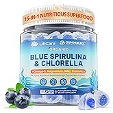 Organic Blue Spirulina Chlorella Gummies, Superfoods & Excellent Source of Vegan High Phycocyanin, Chlorophyll, B-Complex, Essential Minerals for Energy, Antioxidants, Det♡x, Sugar Free, 60 Cts