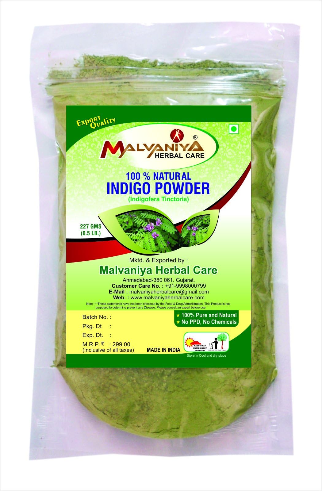 Indigo Powder (Indigofera Tinctoria) - 227 Grams by Malvaniya Herbal Care