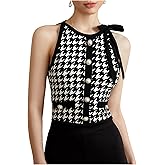 winkbay Women's Houndstooth Print Bow Tank Top Crew Neck Sleeveless Button Front Elegant Crop Tops