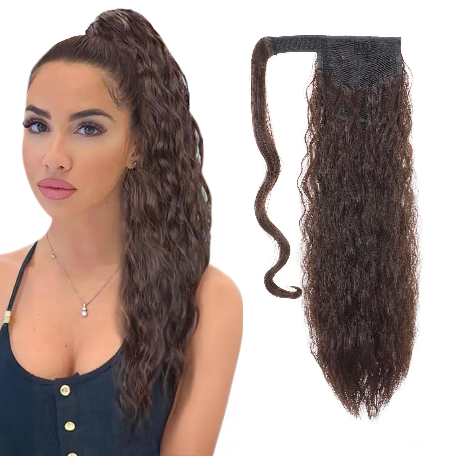 20 Inch Real Long Corn Wave Ponytail Clip in Hair Extensions Magic Paste Wavy Wrap Around Ponytail Hairpiece for Women Dark Brown