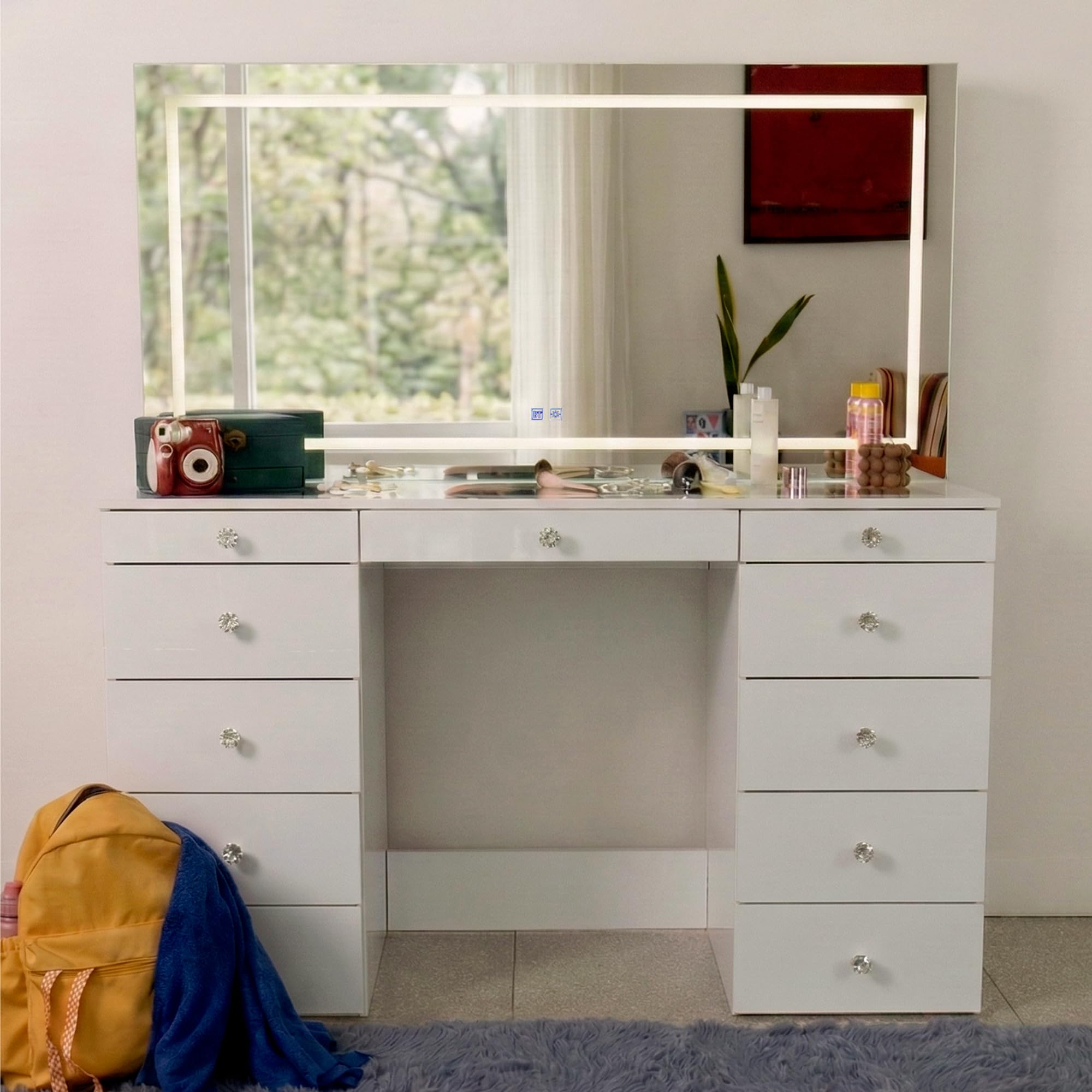 Photo 1 of Boahaus Elara Extra-Large Vanity Desk with LED Mirror – Complete Makeup Station with Integrated Power & Built-in Speakers