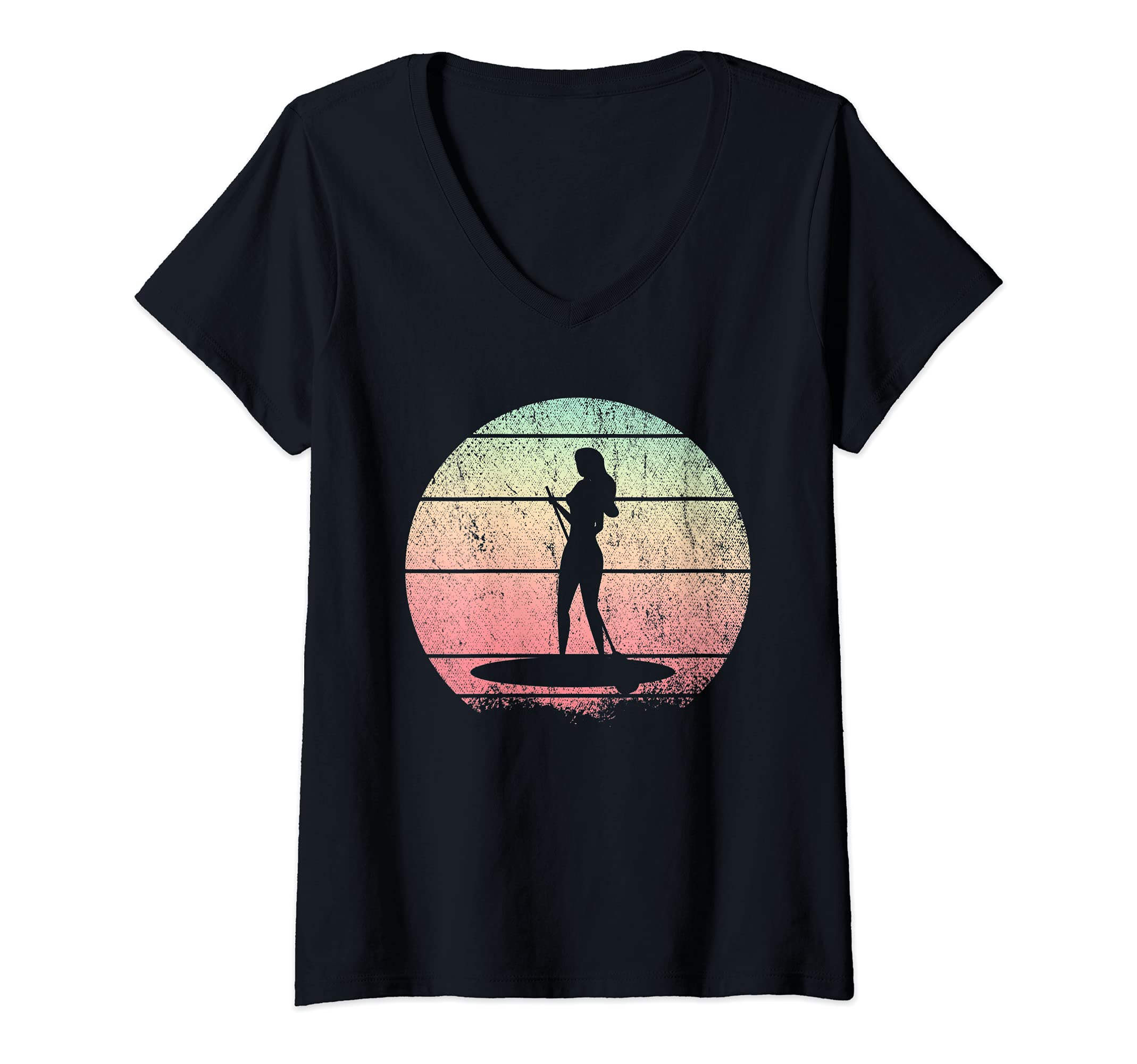 Womens Retro Stand Up Paddling Paddleboarder Sunset Outdoor SUP V-Neck T-Shirt