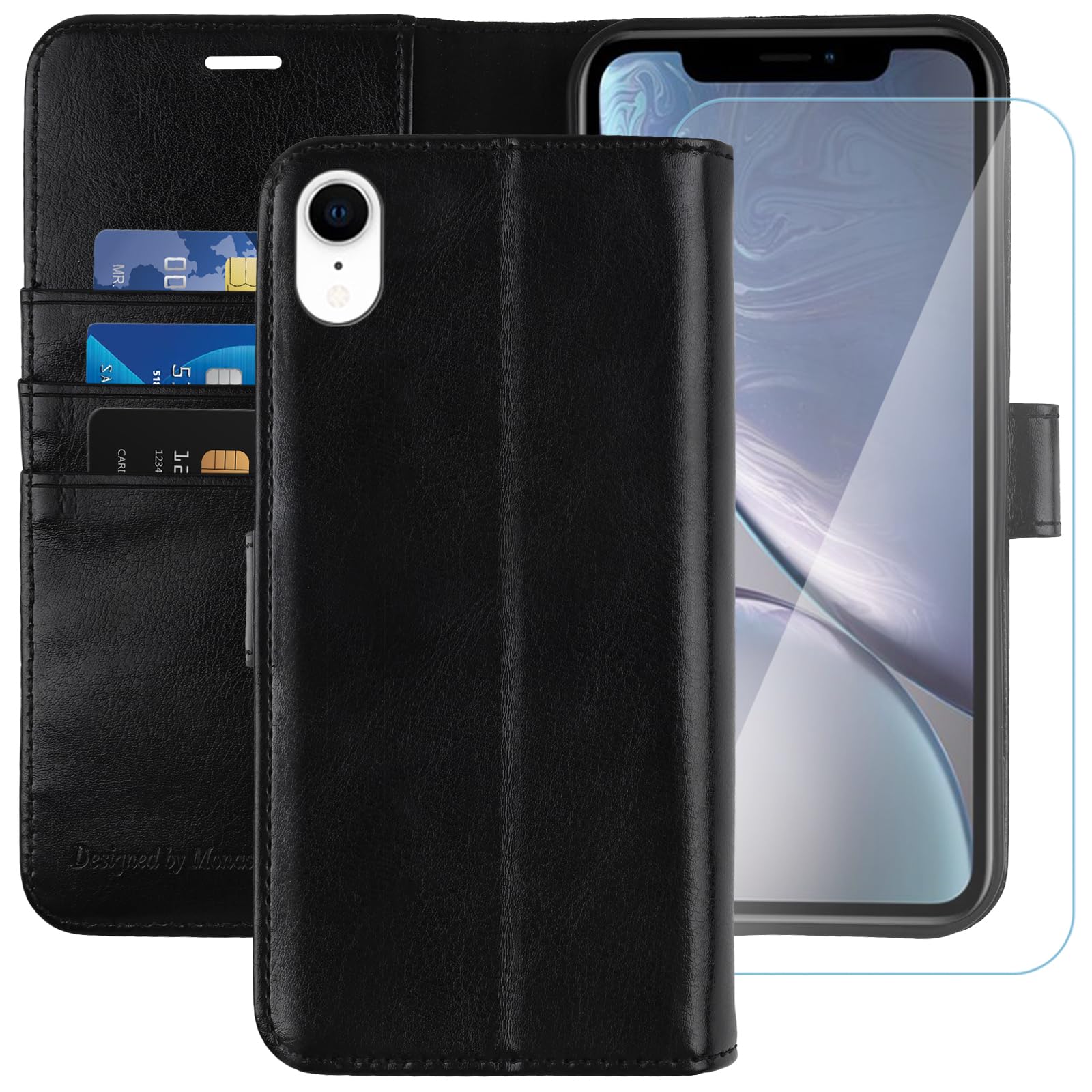 iPhone XR Wallet Case,6.1-inch,MONASAY [Glass Screen Protector Included] Flip Folio Leather Cell Phone Cover with Credit Card Holder for Apple iPhone XR,Black