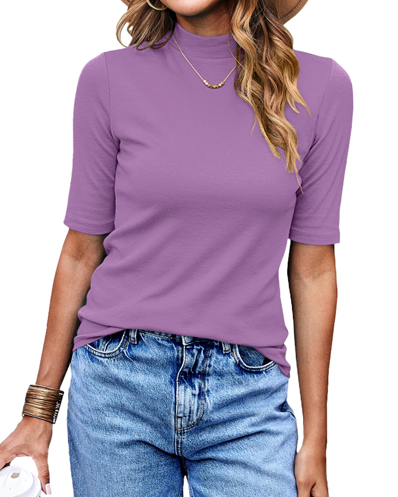 Photo 1 of LaLaLa Women Office Work Shirts Causal Summer Mock Turtleneck Pullover Top Summer T Shirts (XXL, Purple)