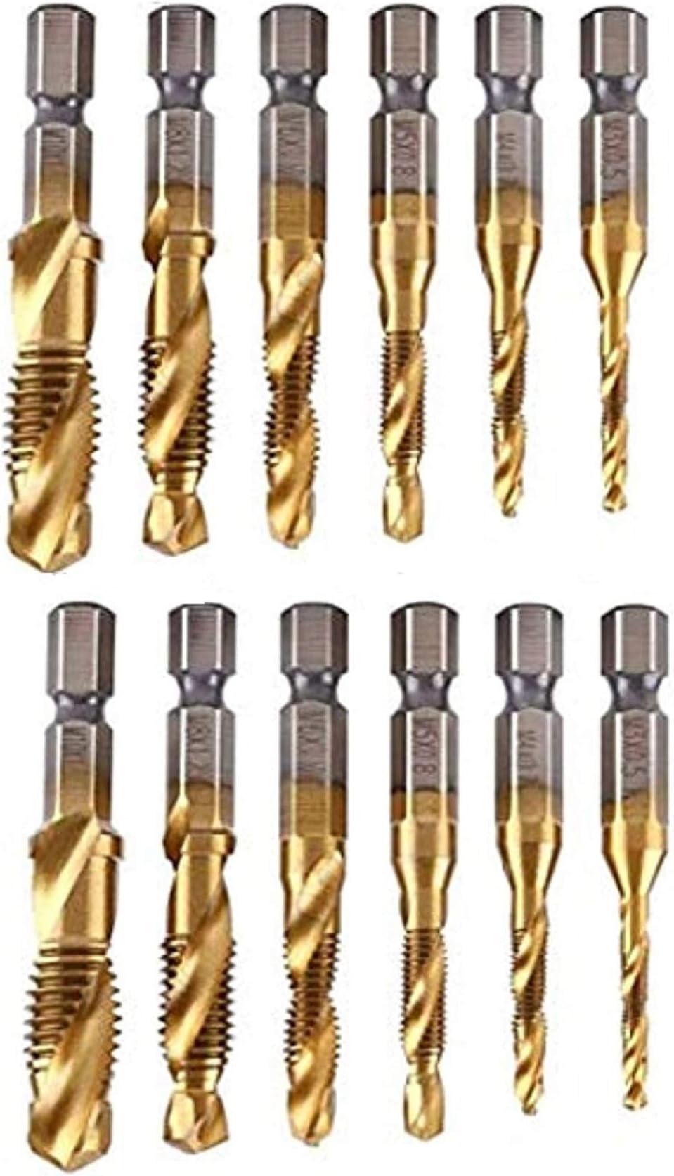 6 Spiral Tap Drill Bit Set by Volterin, 6 Pcs Titanium Coated HSS 6542 Fluted Machine Screw Tap Kit, Hex Shank Combination Drill Tap Bit Spiral Screw Tap Set M3-M10, Silver ,Gold (Save 10 % on 2 Pack 6 Pcs)