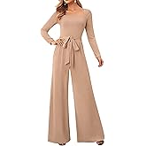 LOOKBOHO Jumpsuits For Women Dressy Long Sleeve Square Neck Casual Belted Wide Leg Long Pants Romper One Piece Outfits