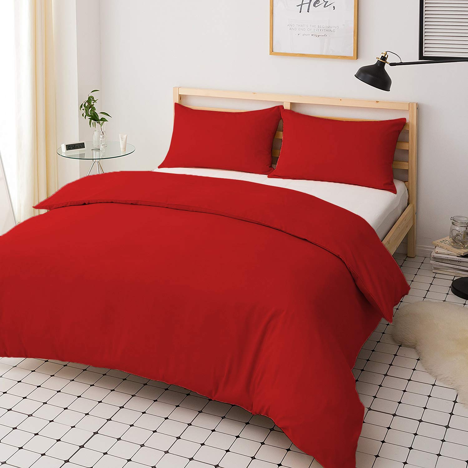 mFabrics Poly-Cotton Duvet Quilt Cover Set - Easy Care, Machine Washable - Single Double King Super King - Pillowcase Included (Red, Single)