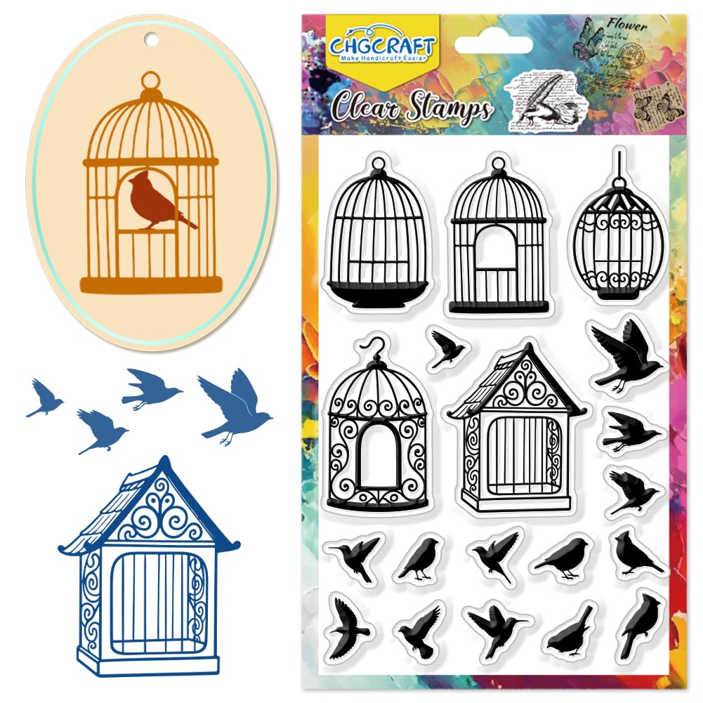 Photo 1 of CHGCRAFT Bird Cage Pattern Clear Stamps Bird Silhouette Transparent Embossing Silicone Stamp Seal for DIY Scrapbooking and Card Making Paper Craft Decor 6.3 × 4.3 Inch