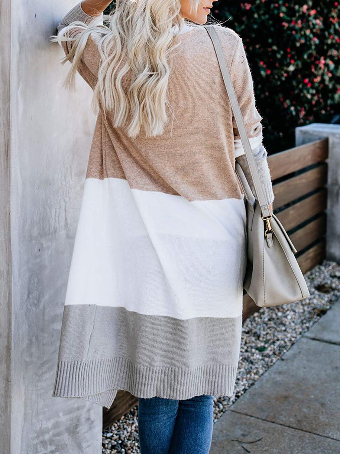 Owin Long Sleeve Colorblock Cardigans for Women Loose Open Front Lightweight Sweater Cardigan Oversize Sweaters Knitwear Tops Khaki, Medium