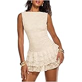 Floerns Women's Western Tank Dress Sleeveless Lace Layered Hem Cowboy Music Festival Mini Dresses Without Belt
