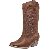 SelRoys Cowboy Boots for Women Cowgirl Mid Calf Western Pointy Toe Boots Embroidered Stitched Chunky Heel Red Brown US5-11