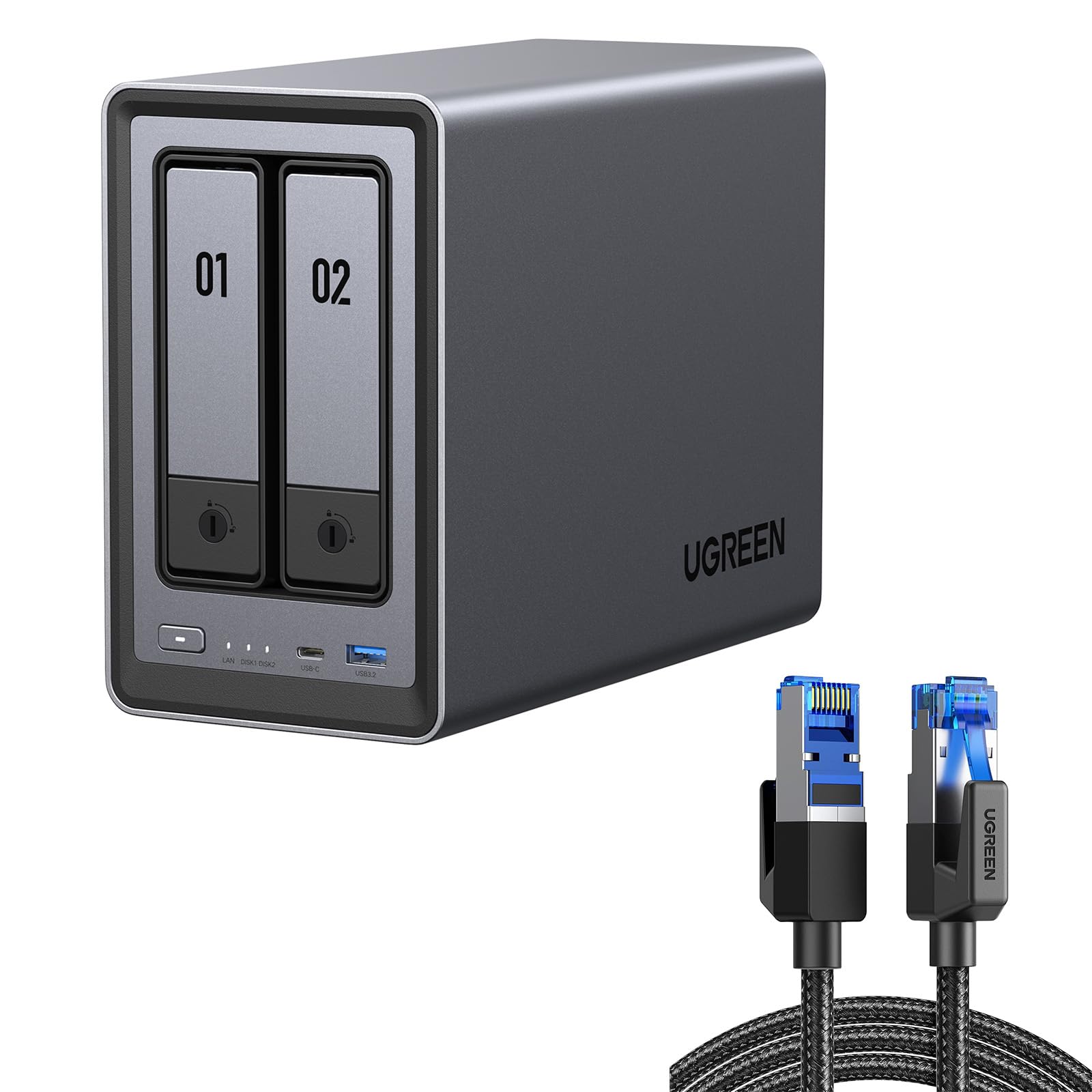 UGREEN NASync DXP2800 2-Bay NAS Server mit Cat 8 LAN Kabel, Intel N100 Quad-Core, 8GB DDR5, 2,5GbE LAN, 2×M.2 NVMe-Steckplätze, 4K HDMI, (Diskless)