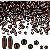PH PandaHall 480pcs 4 Styles Coconut Brown Wooden Bead Natural Wooden Craft Beads 6~22mm Rice Round Wood Loose Spacer Beads for Macrame Hair Crafts Bracelets Necklace Keychain, Hole: 2~3mm
