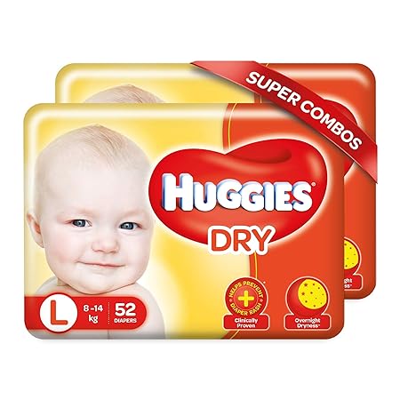Huggies New Dry, Taped Diapers, Large Size Combo Pack of 2, 52 Counts Per Pack , 104 Counts