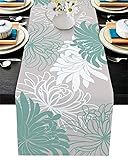 Chrysanthemum Flower Table Runner Teal Grey White