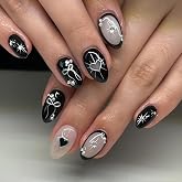 Black Press on Nails Short Almond Fake Nails Silver Bow Heart Nails Press Ons Star False Nails with Rhinestones Design Glossy Glue on Nail DIY Acrylic Stick on Nail for Women Decorations 24Pcs