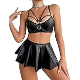 Ausing Sexy Strappy Leather Underwire Mini Skirt Bra Top Lingerie Set for Women
