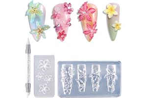 FSpronail Silicone Nail Molds, 2PCS Reusable Clear 3D Flowers Nail Art Molds with Carving Pen Cherry Blossom Plumeria Hibiscus Flower Nail Design Manicure Template DIY Charms Resin Craft Accessories