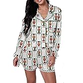 Argeousgor Women Christmas Satin Pajamas Bow Tie 2 Piece Pjs Set Long Sleeve Button Down Shirt Ruffle Shorts Sleepwear