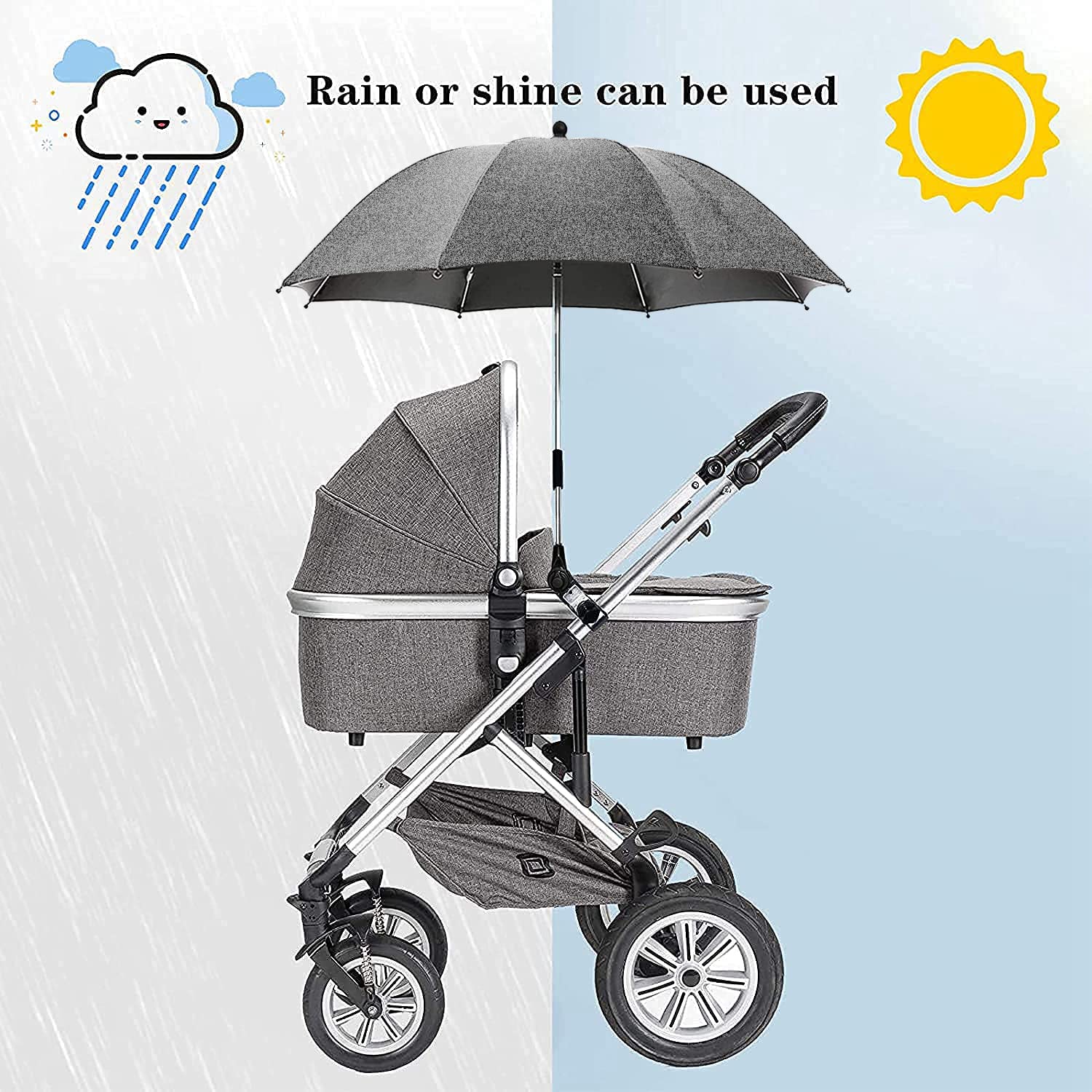 Baby Stroller Parasol, Universal Umbrella with Clamp, 360 Degree Adjustable UV Protection Stroller Sun Shade, Waterproof Umbrella for Trolley, Bike, Wheelchair, Beach Chair