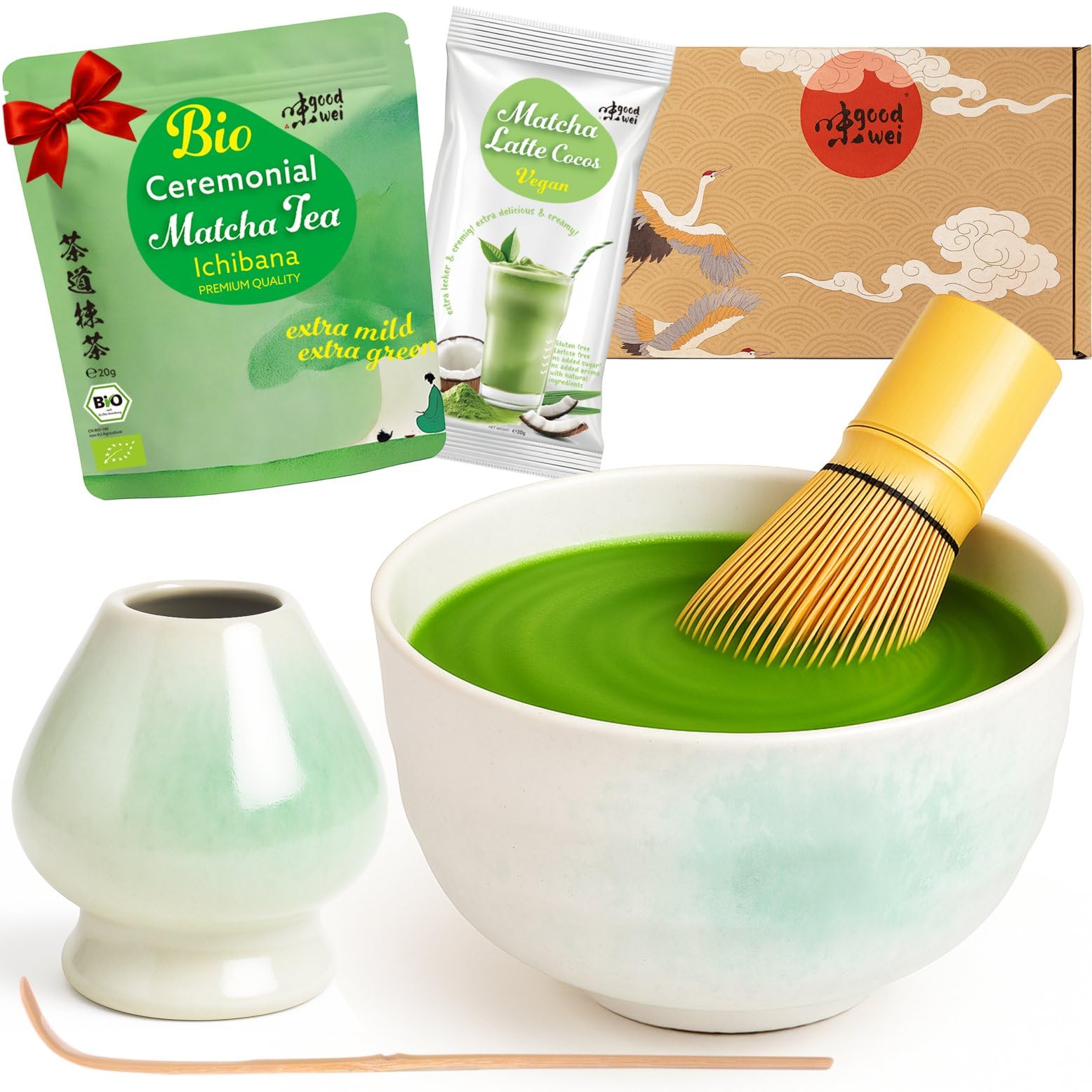 Goodwei Organic Matcha Tea Ceremony Set with Japanese Premium Matcha, Ceramic Matcha Bowl and Whisk Holder | Bamboo Whisk and Spoon | Gift Set Box (Shiro)