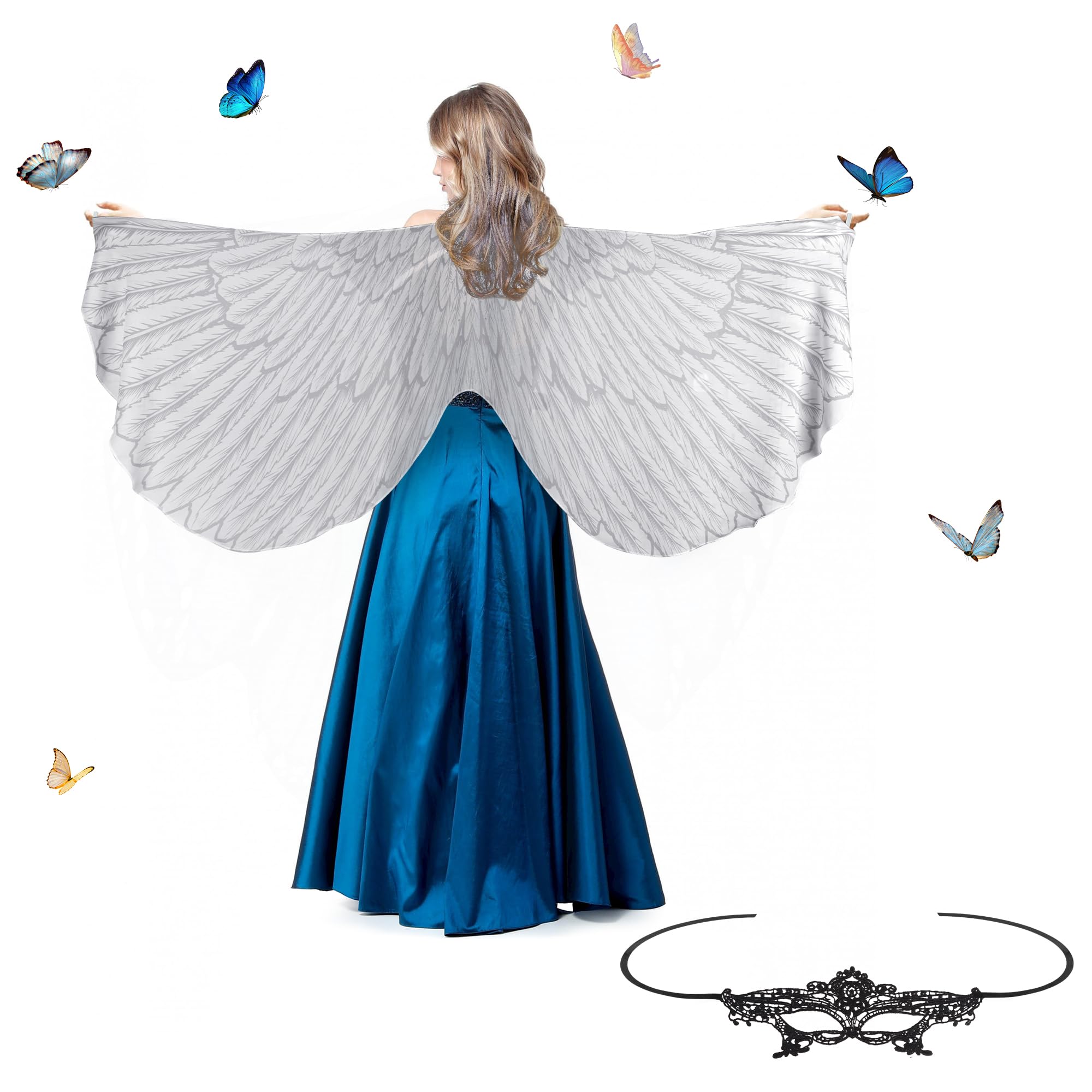 Kaket Bird Wings Shawl for Women, Womens Bird Wings Cape with Mask, Butterfly Wings Adult for Halloween Christmas Party Cosplay Dancing (White)